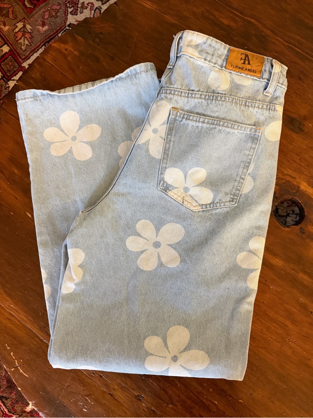 Flying Angel Floral Print Light Blue Wide Leg High Rise Jeans, Size 30